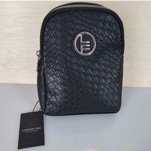 London Fog Broadway Double Compartment Black Woven Sling Bag